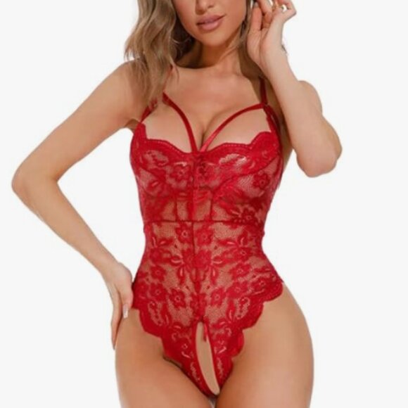 Elegant Seductive Red Scalloped Lace Teddy Bodysuit - Picture 2 of 12
